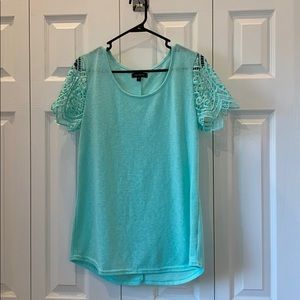 Turquoise Top w/ Lace Sleeve Detail